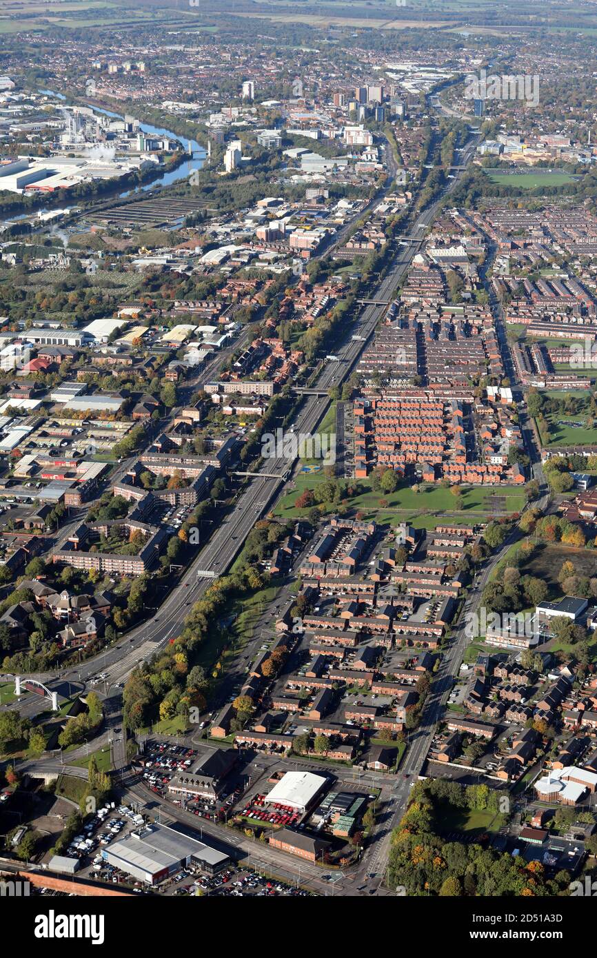 aerial view of the M602 motorway from the east looking west towards the M60 junction 12, Salford, Manchester Stock Photo