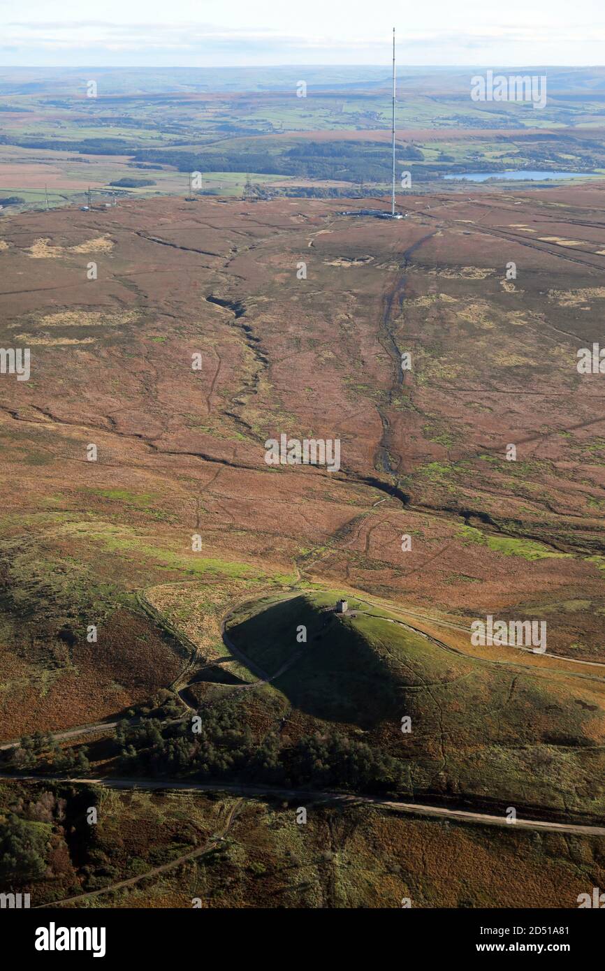 aerial view of Rivington Pike Tower, an historical landmark, on Winter Hill (TV mast in background), near Bolton, Great Manchester Stock Photo