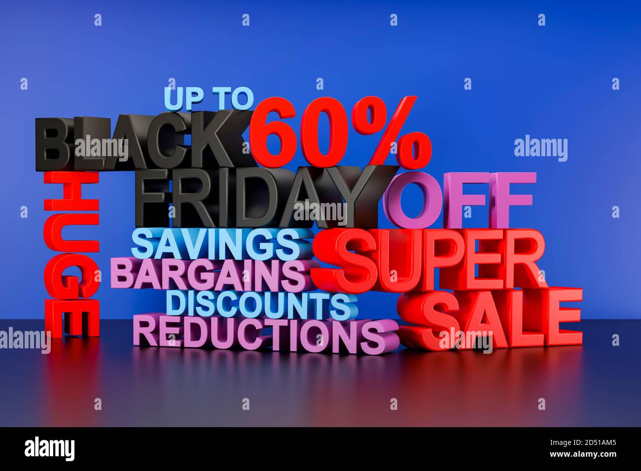 Black Friday super sale 3D text block background, poster or banner with words including black, friday, super, sale, huge, savings, bargains, discounts Stock Photo