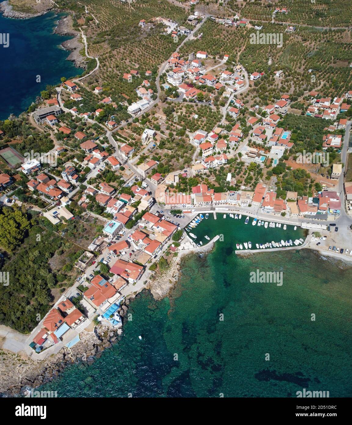 Aerial view of Aghios Nikolaos fish village and harbor in Mani, Greece Stock Photo