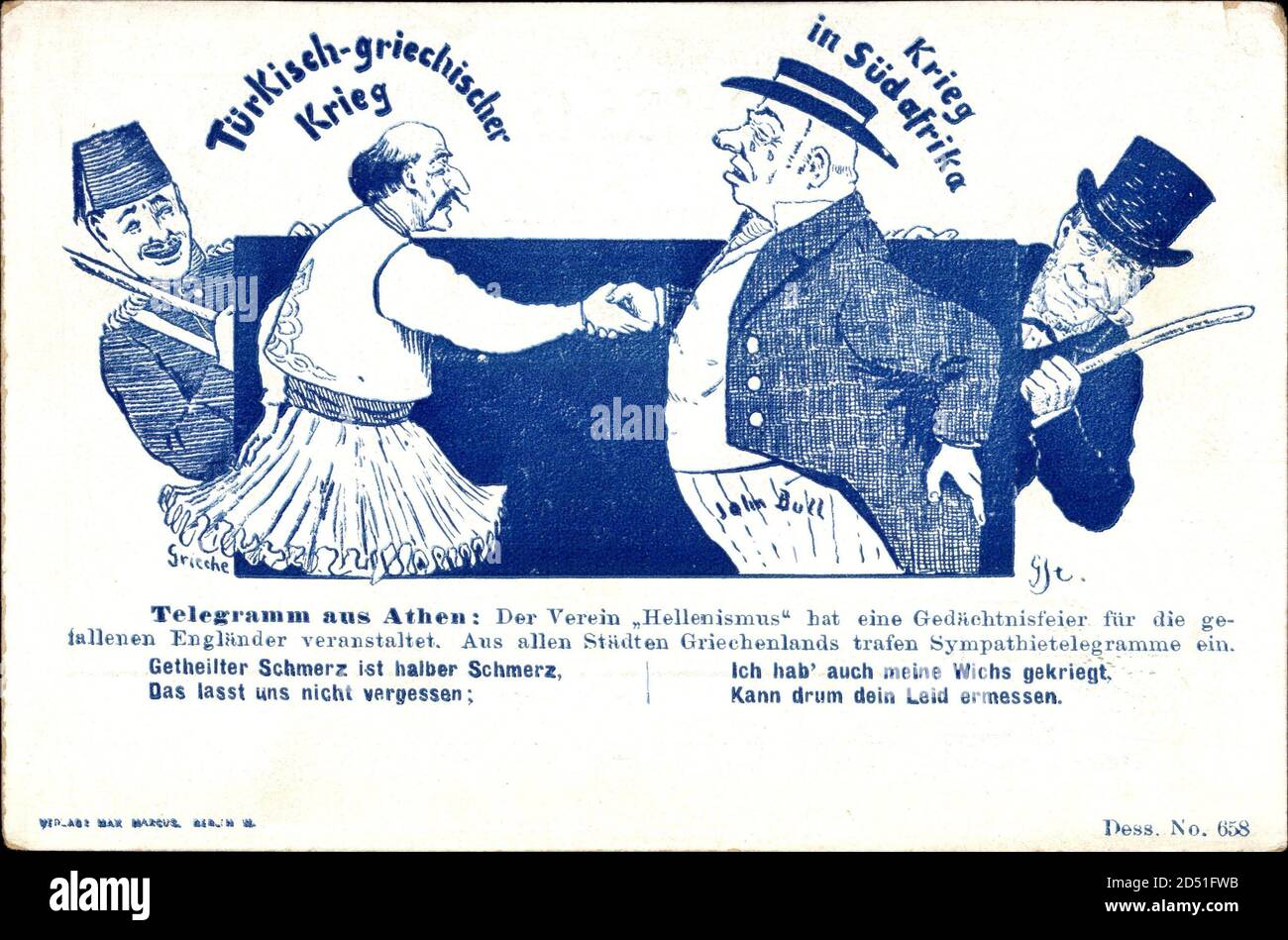 Türkisch griechischer Krieg, Krieg in Südafrika,Telegramm aus Athen,Karikatur | usage worldwide Stock Photo