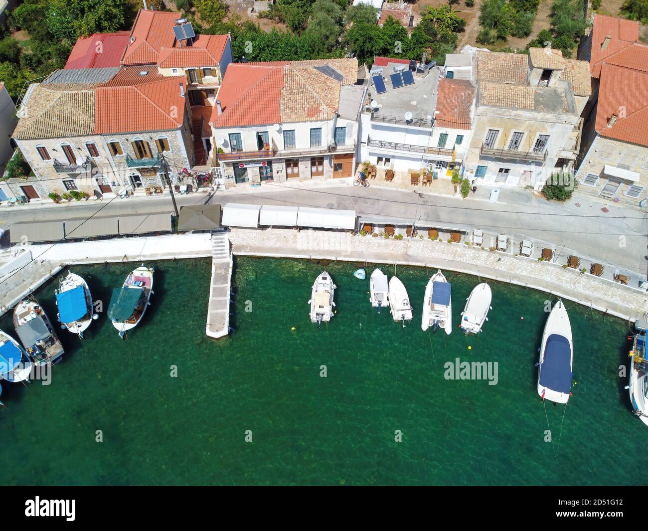 Aerial view of Aghios Nikolaos fish village and harbor in Mani, Greece Stock Photo
