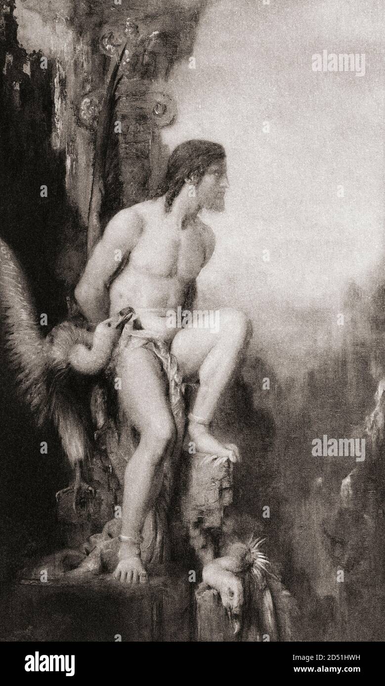 Prometheus.  Ancient Greek figure who defied the Gods by giving fire to humanity.  For this he was punished by being bound to a rock.  An eagle was sent every day to eat his liver, which grew back during the night.  He was freed from this eternal torment by Hercules.  After a work by French artist Gustave Moreau. Stock Photo