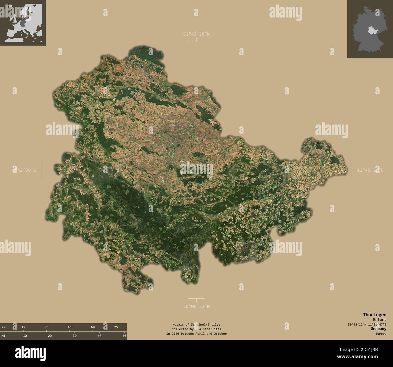 Thuringen, state of Germany. Sentinel-2 satellite imagery. Shape ...