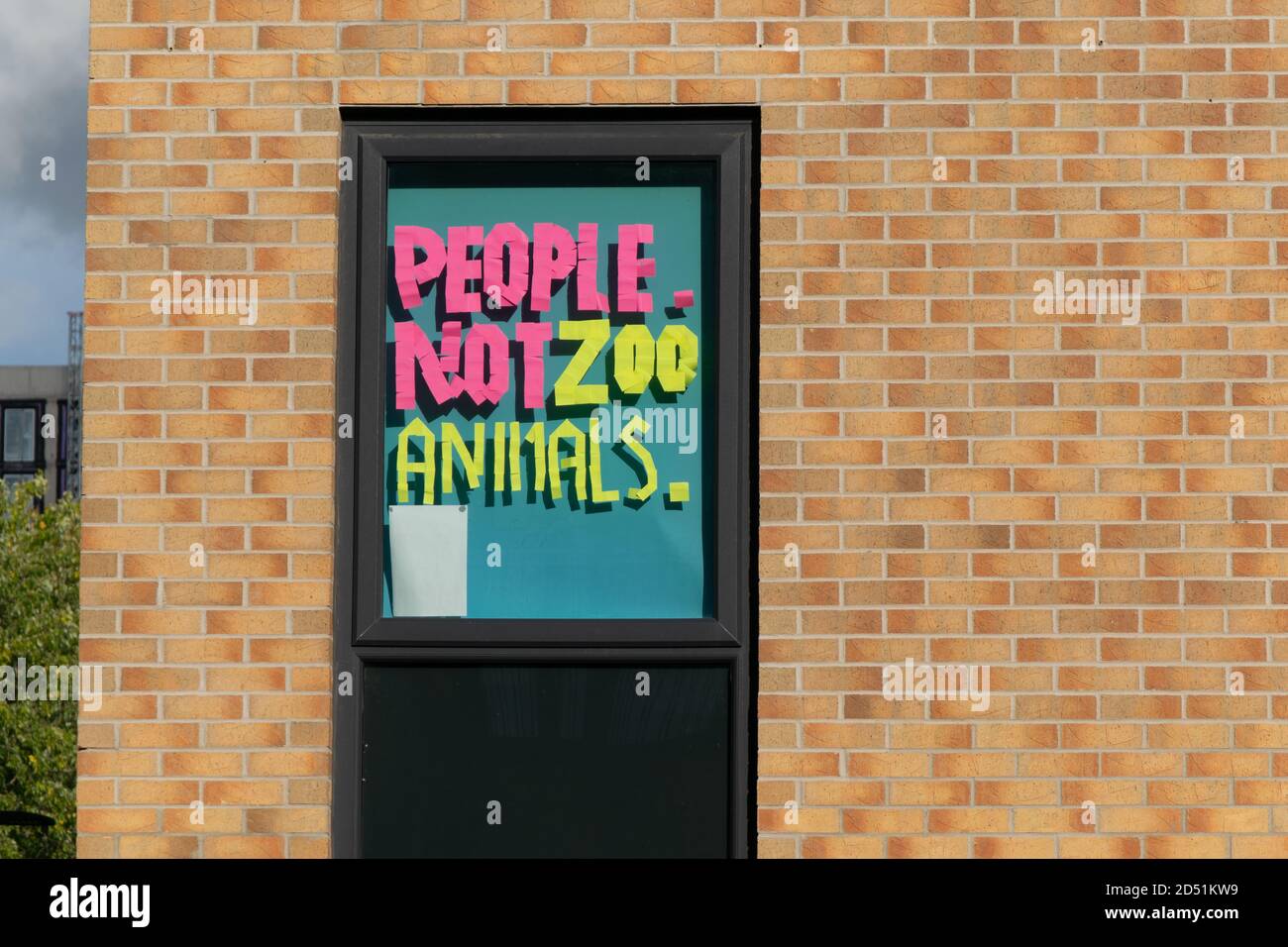 People Not Zoo Animals post it notes window display Manchester Metropolitan University UK student protest. Stock Photo