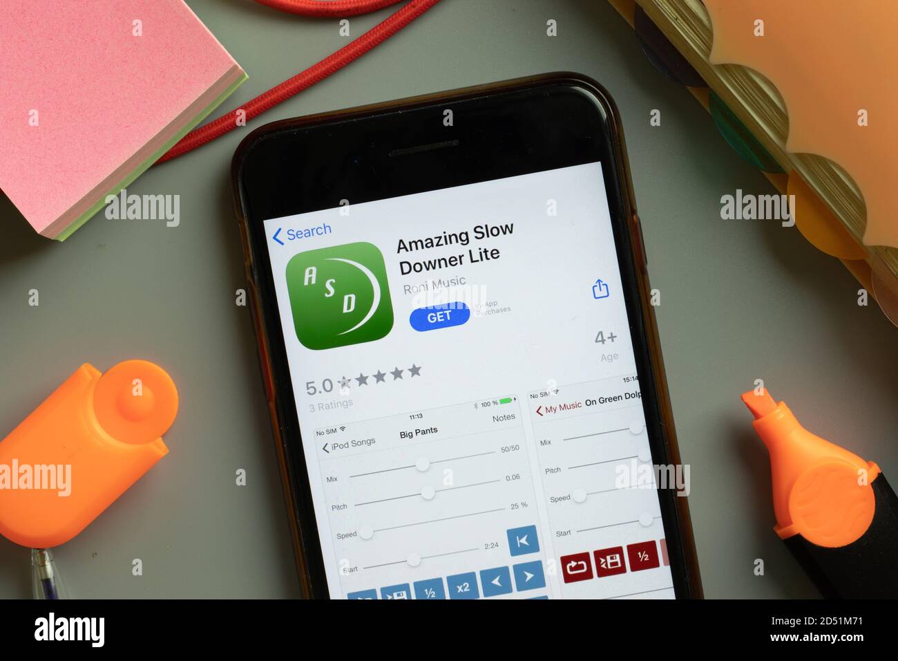 New York, USA - 29 September 2020: Amazing Slow Downer Lite mobile app logo on phone screen close up, Illustrative Editorial Stock Photo