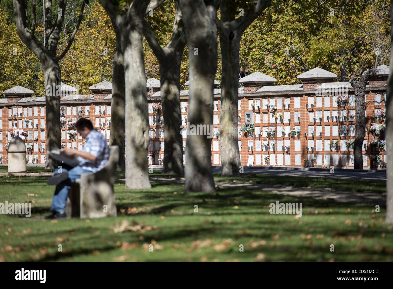 Madrid, Spain. 12th Oct, 2020. A man reads in a newspaper on the Spanish national holiday in a garden of the Almudena cemetery. Spain is currently struggling with a particularly violent second wave of corona and has the highest infection rates in Western Europe. Credit: Javier Carbajal/dpa/Alamy Live News Stock Photo