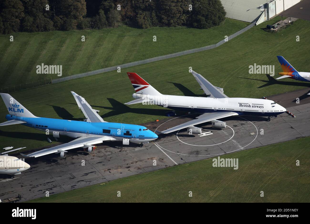 Aerial views of the Negus & Negus liveried British Airways Boeing 747 at Kemble/Cotswold Airport, where it is to be preserved after its final flight. Stock Photo