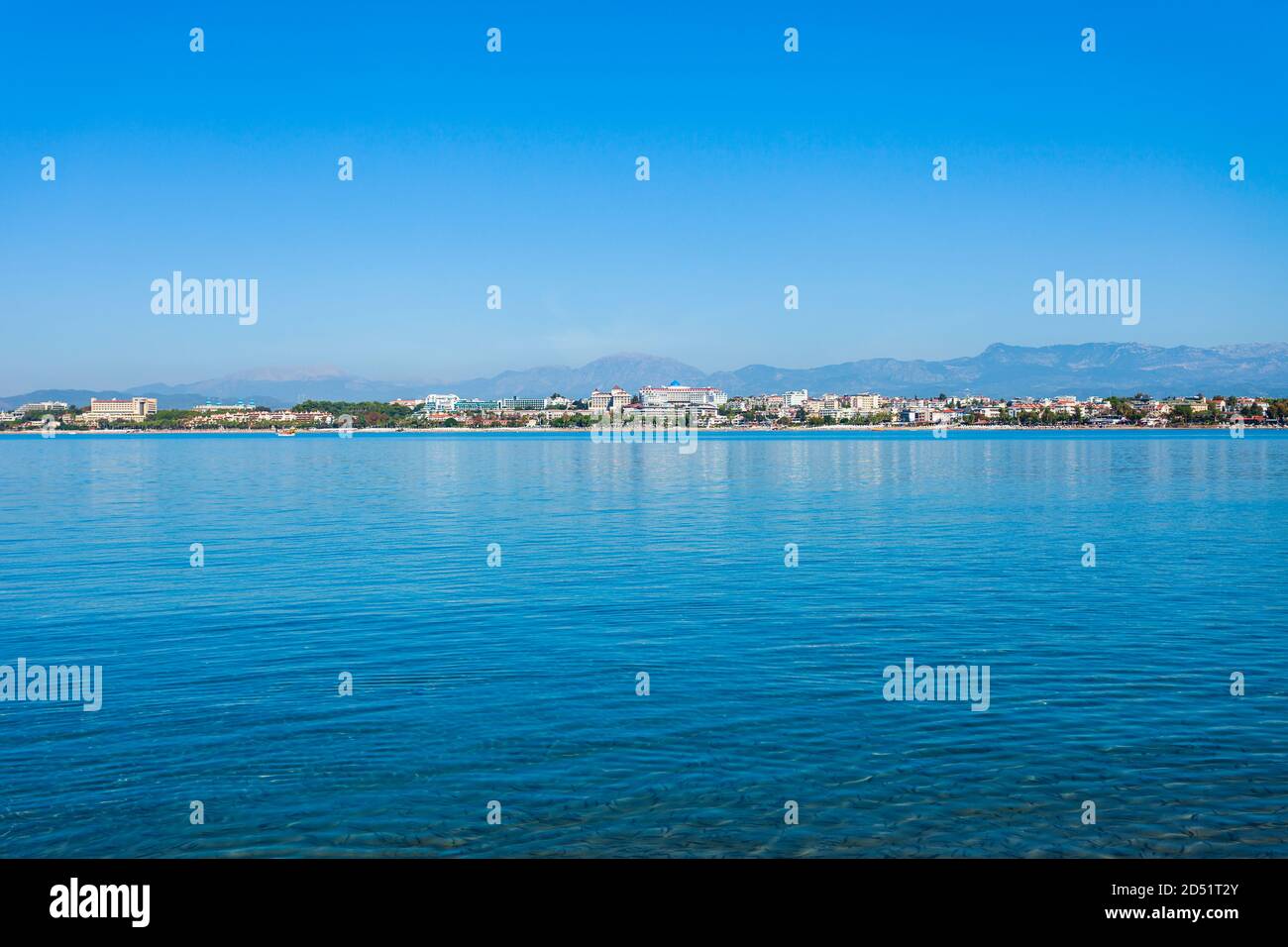 Side aerial panoramic view. Side is a city in Antalya region on the southern Mediterranean coast of Turkey. Stock Photo