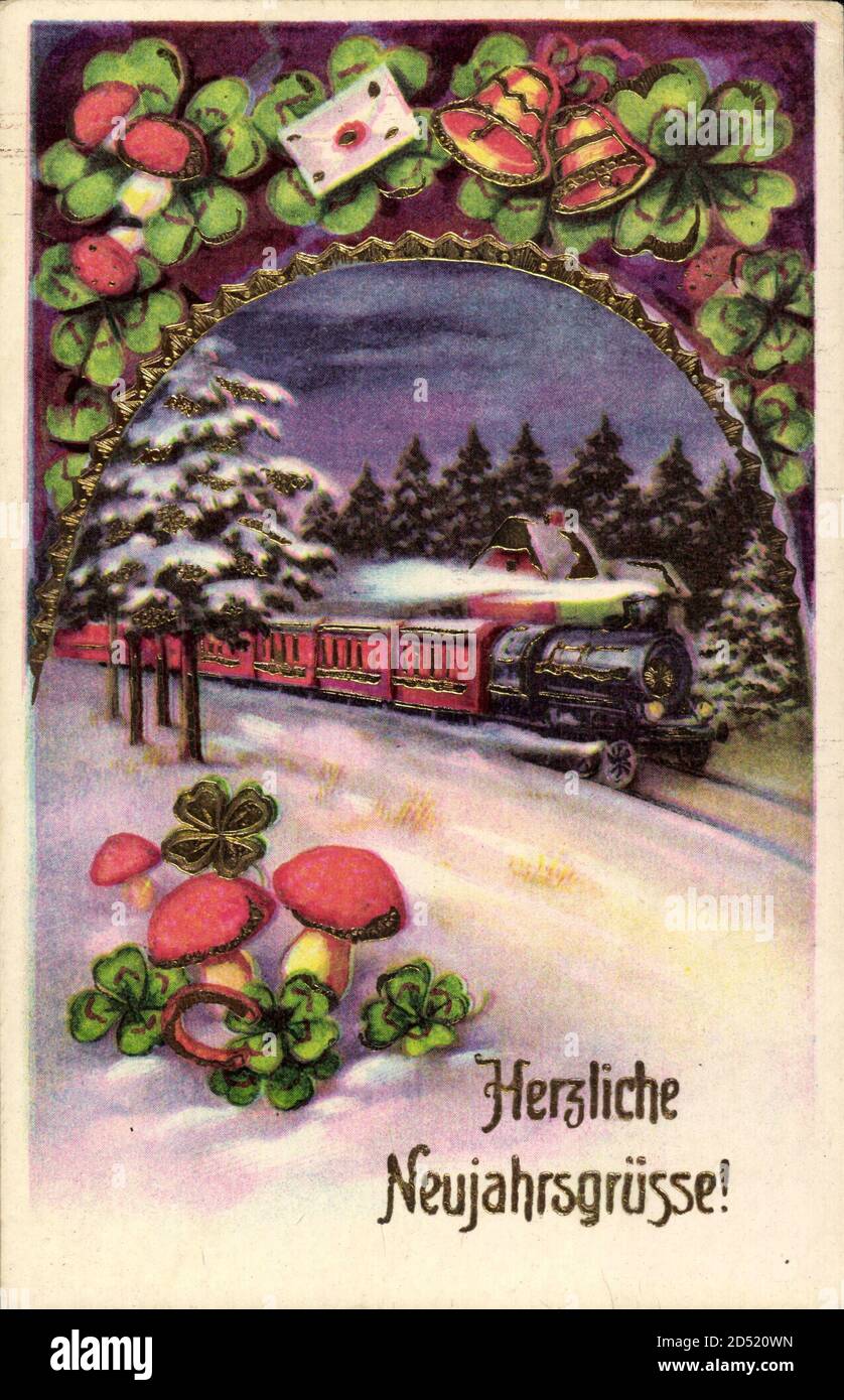 Prosit Neujahr, Eisenbahn, Pilze, Hufeisen, Kleeblätter, Glocken | usage worldwide Stock Photo