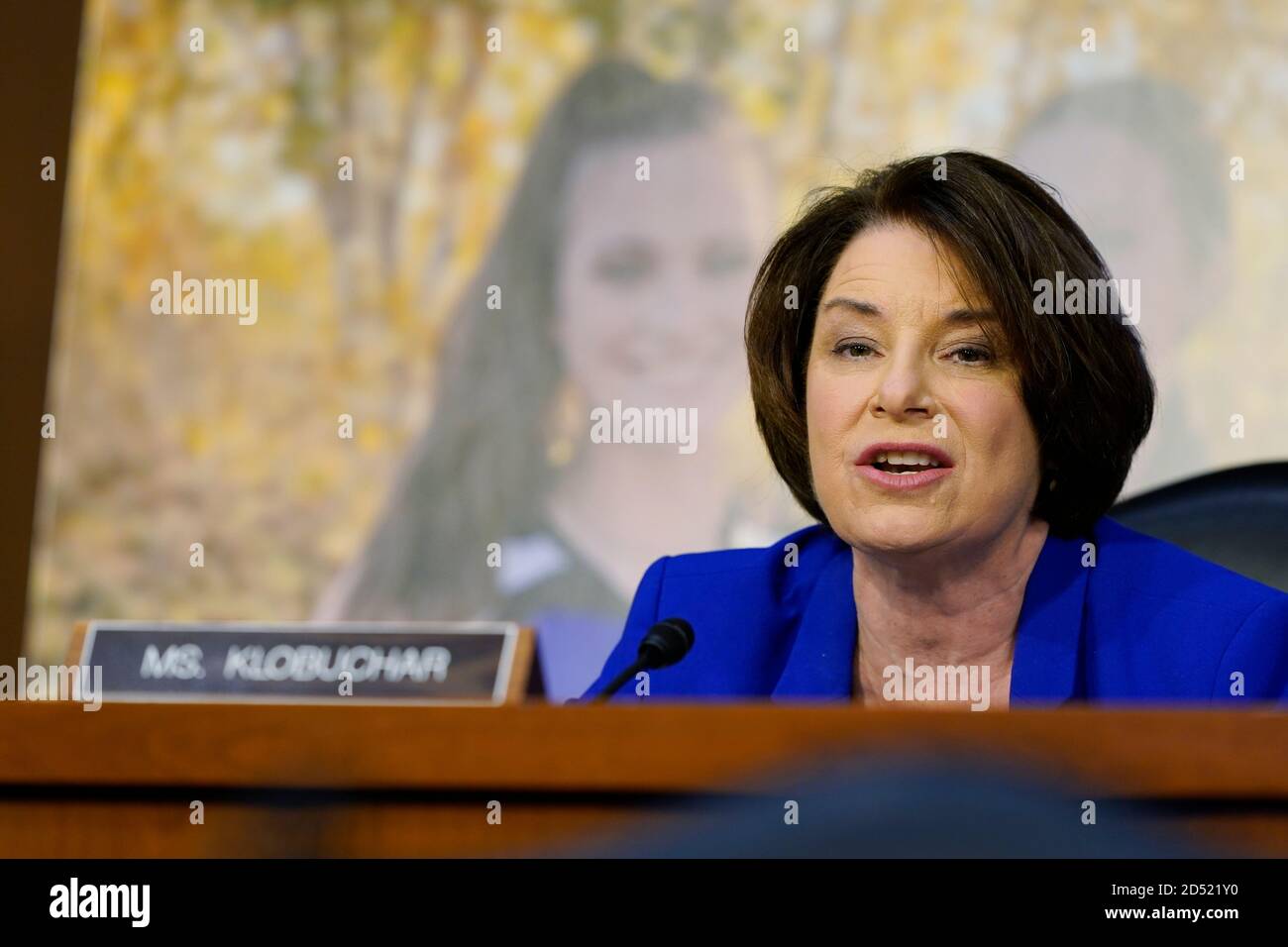 United States Senator Amy Klobuchar (Democrat of Minnesota), speaks during a confirmation hearing for Supreme Court nominee Amy Coney Barrett before the Senate Judiciary Committee, Monday, Oct. 12, 2020, on Capitol Hill in Washington. Credit: Susie Walsh/Pool via CNP /MediaPunch Stock Photo