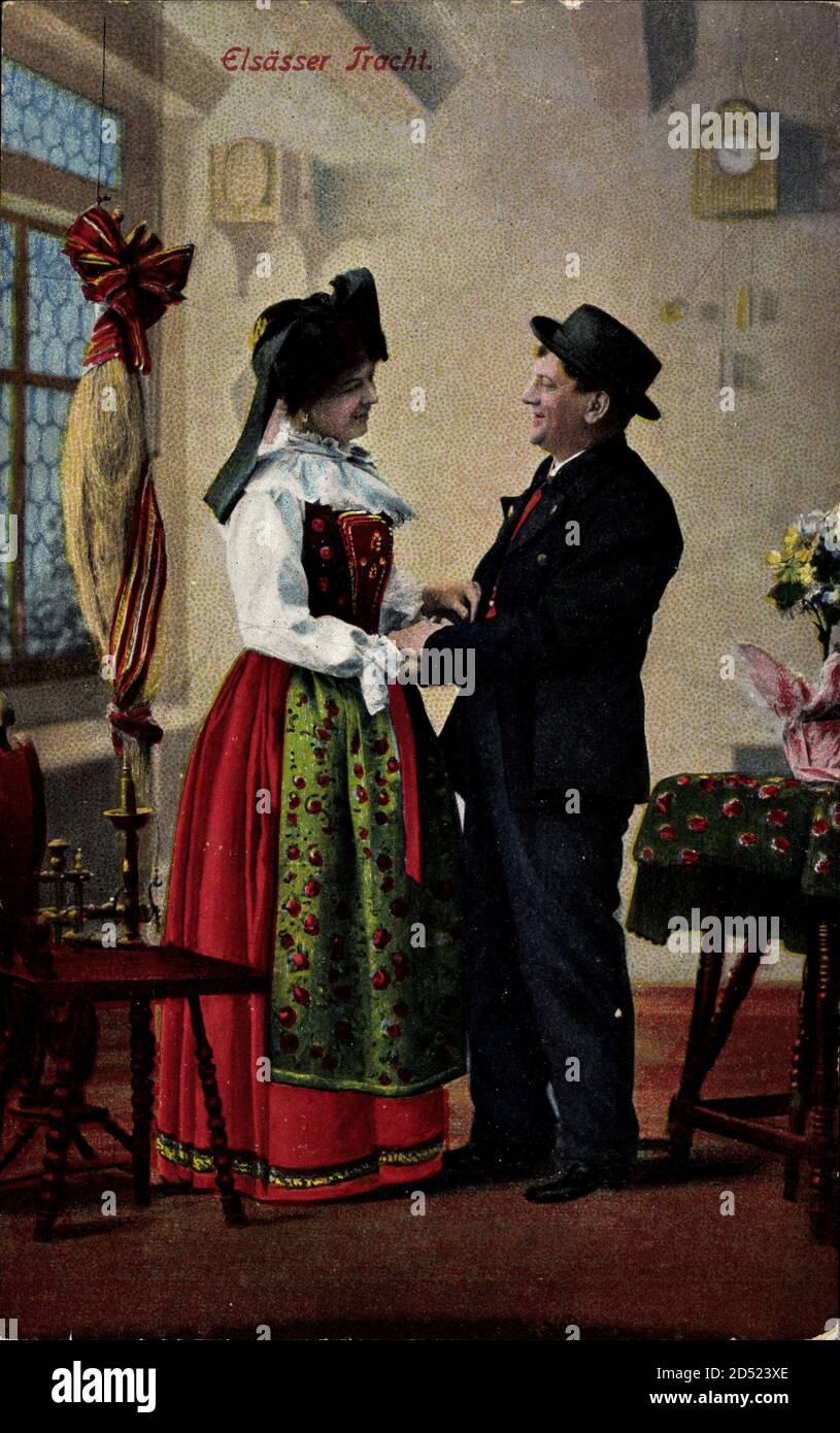 Elsässer Tracht, Frau und Mann, rotes Kleid, Hut, Spinnrad | usage ...