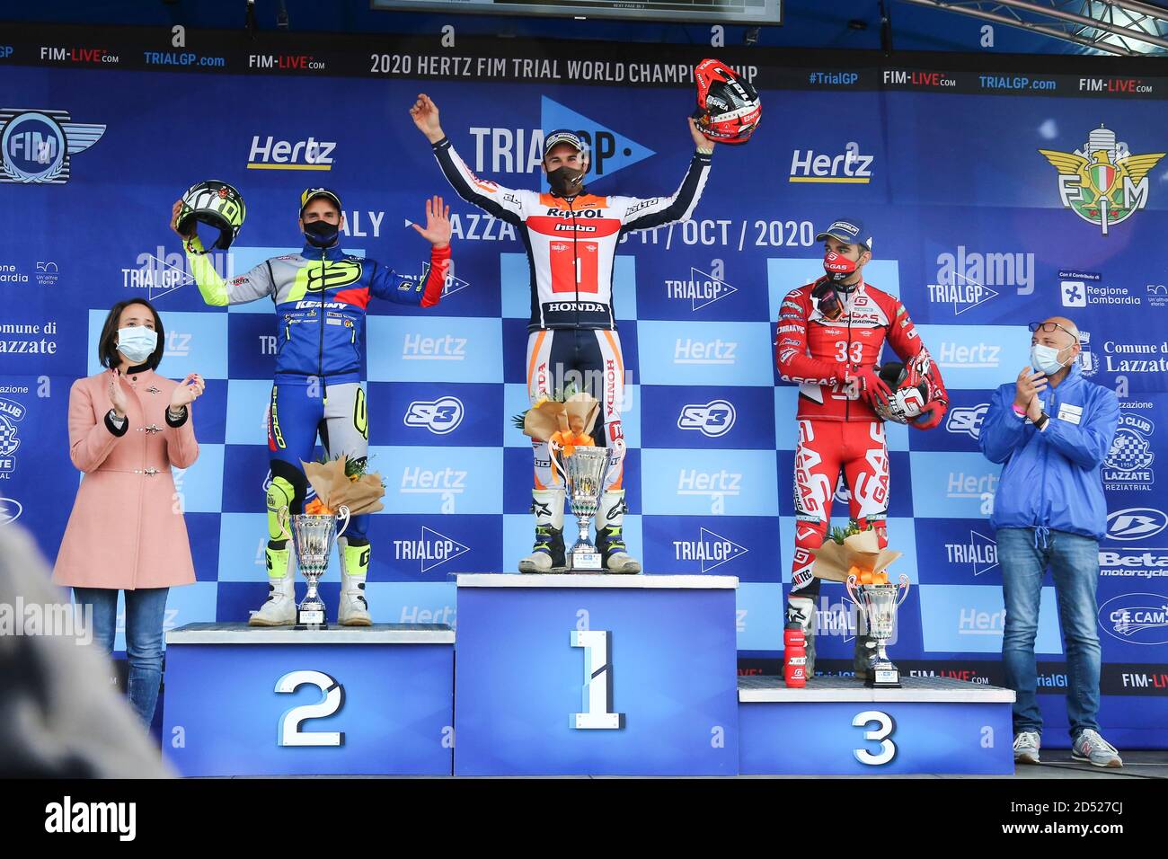 Toni Bou (1), Jeroni Fajardo (2) and Jorge Casales (3), during the award ceremony of round 4 of the Italian TrialGP, at Moto Club Lazzate circuit on O Stock Photo