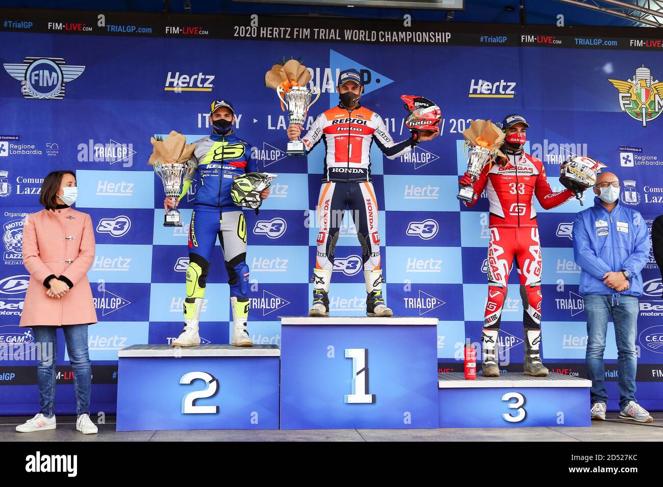 Toni Bou (1), Jeroni Fajardo (2) and Jorge Casales (3), during the award ceremony of round 4 of the Italian TrialGP, at Moto Club Lazzate circuit on O Stock Photo