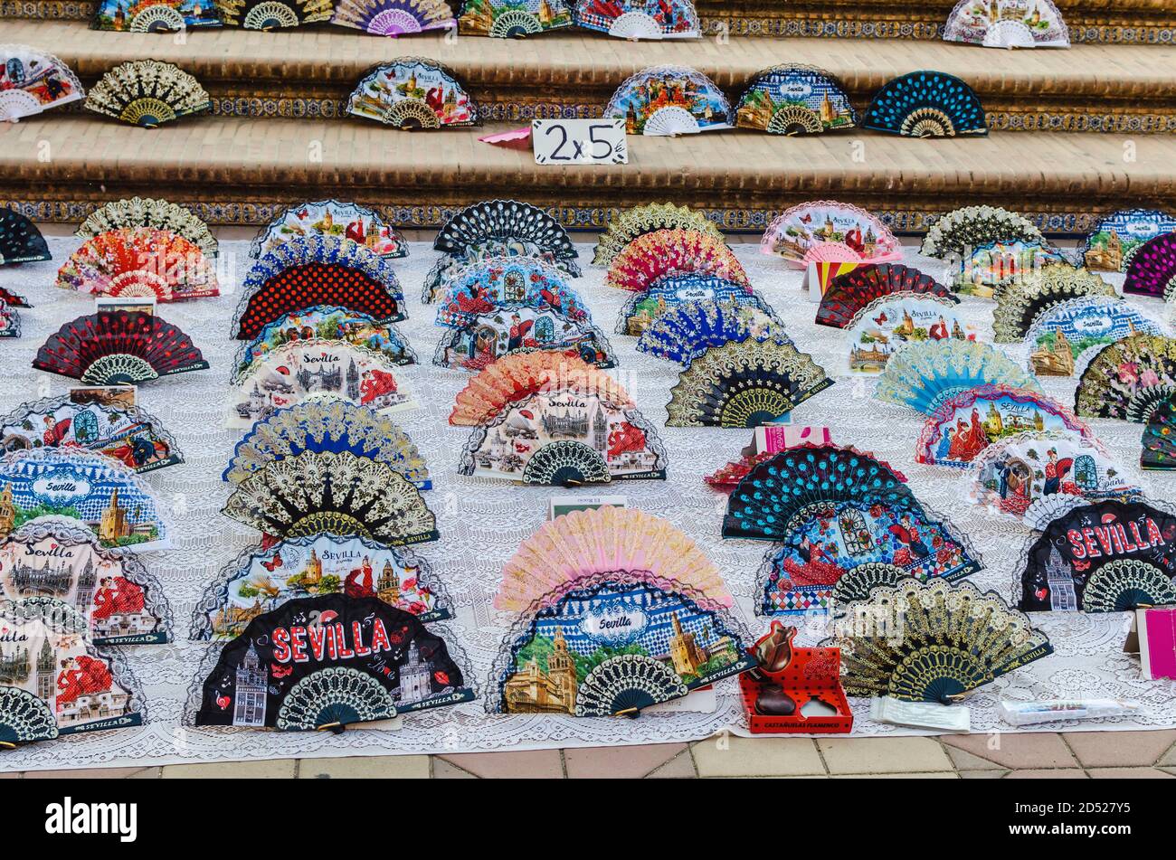 Typical hand fans stand in Plaza de España, Seville, Spain Stock Photo