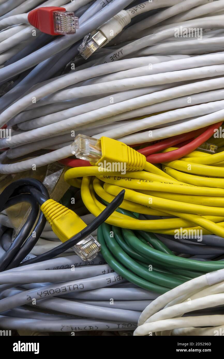 Multicolored network computer wires, close-up Stock Photo