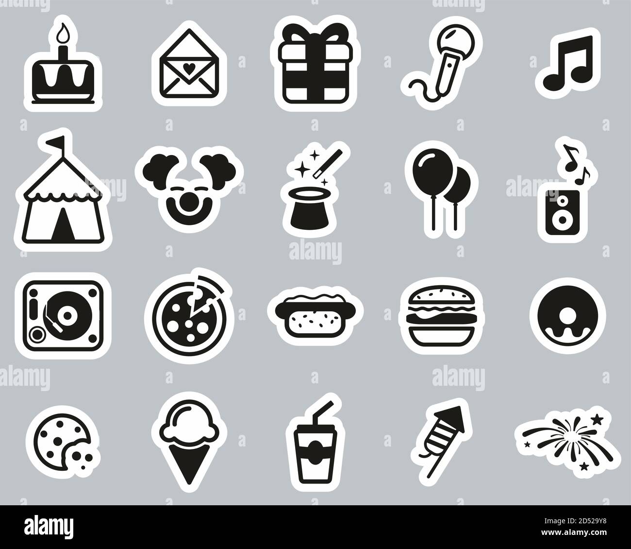 Birthday Party Icons Black & White Sticker Set Big Stock Vector Image ...