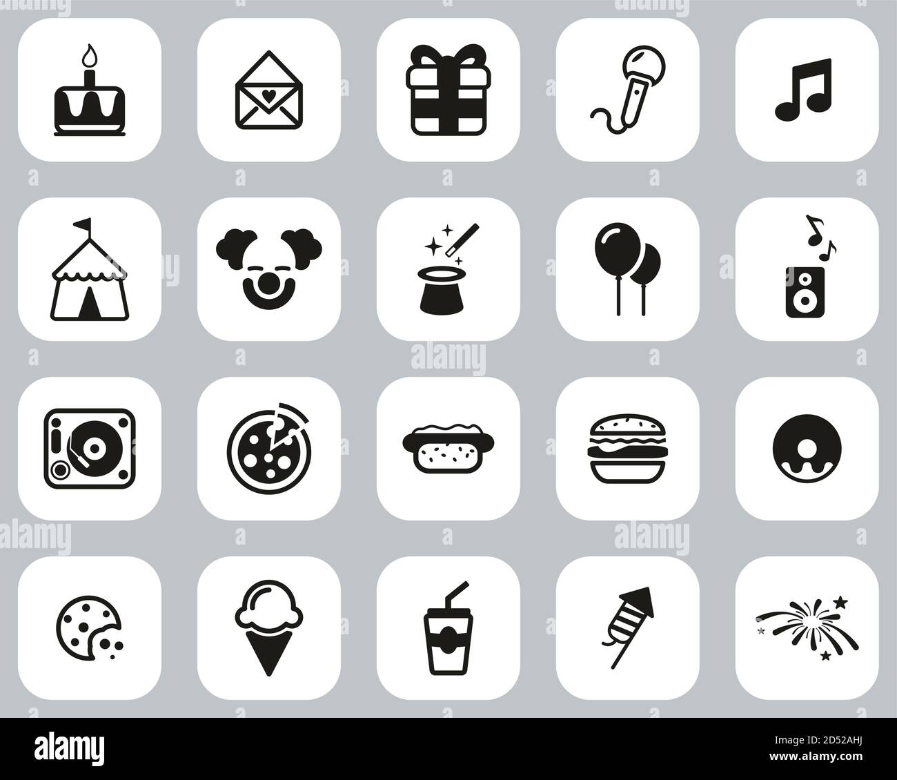Birthday Party Icons Black & White Flat Design Set Big Stock Vector