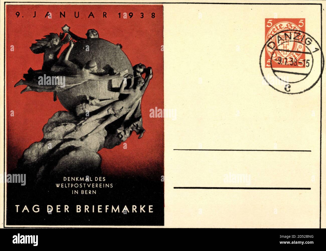 Ganzsachen Tag der Briefmarke, Denkmal des Weltpostvereins in Bern, Danzig | usage worldwide Stock Photo