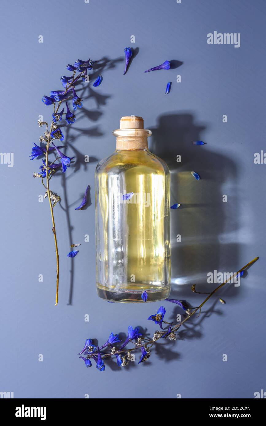 One bottle with natural cosmetic aroma oil on a blue background in flowers Stock Photo