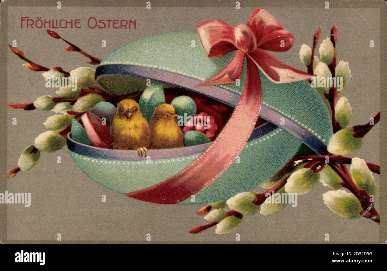 Postkarte Ostern Hahn Henne Küken Blumen Korb voller Eier Vögel Frühling