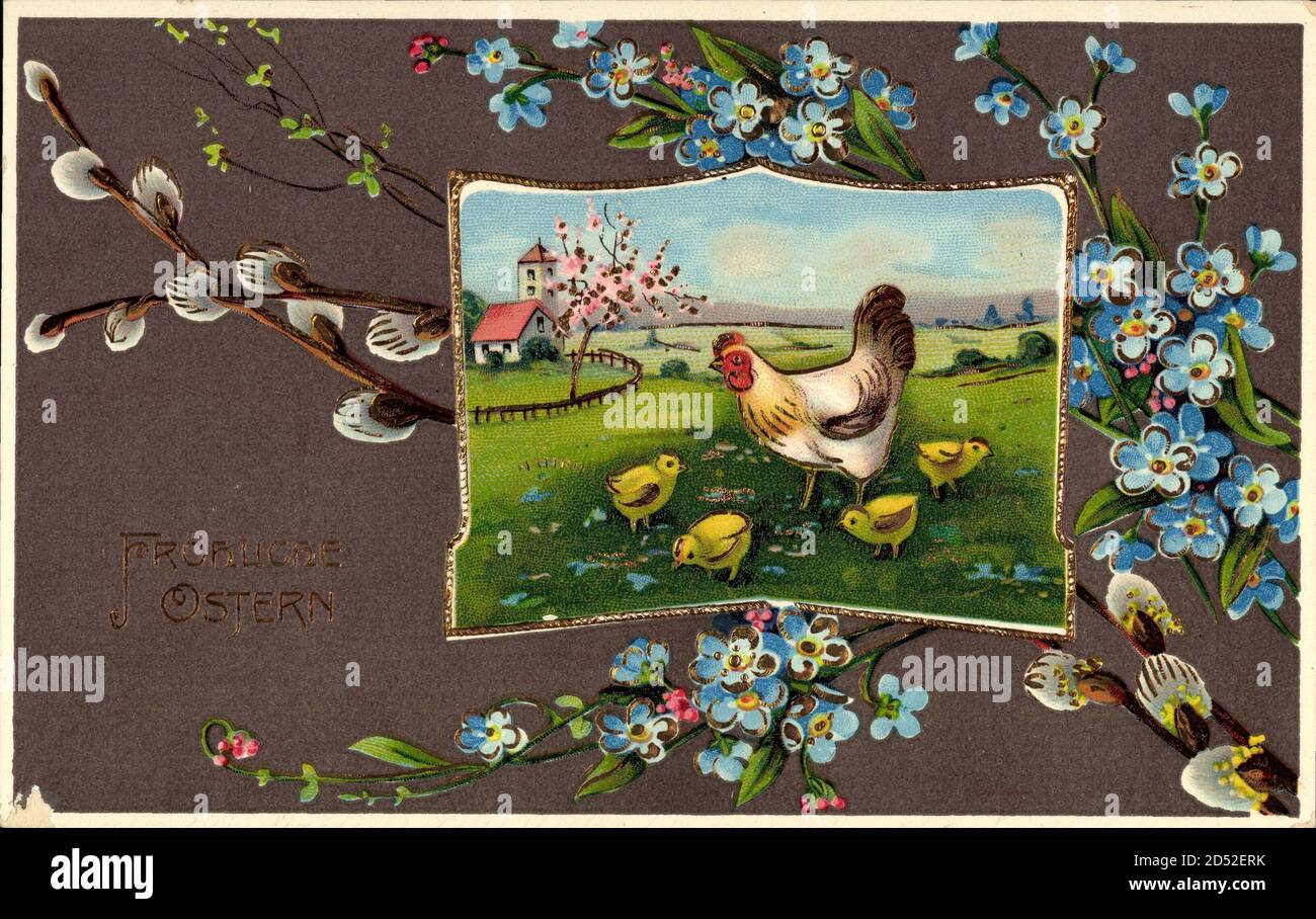 Postkarte Ostern Hahn Henne Küken Blumen Korb voller Eier Vögel Frühling