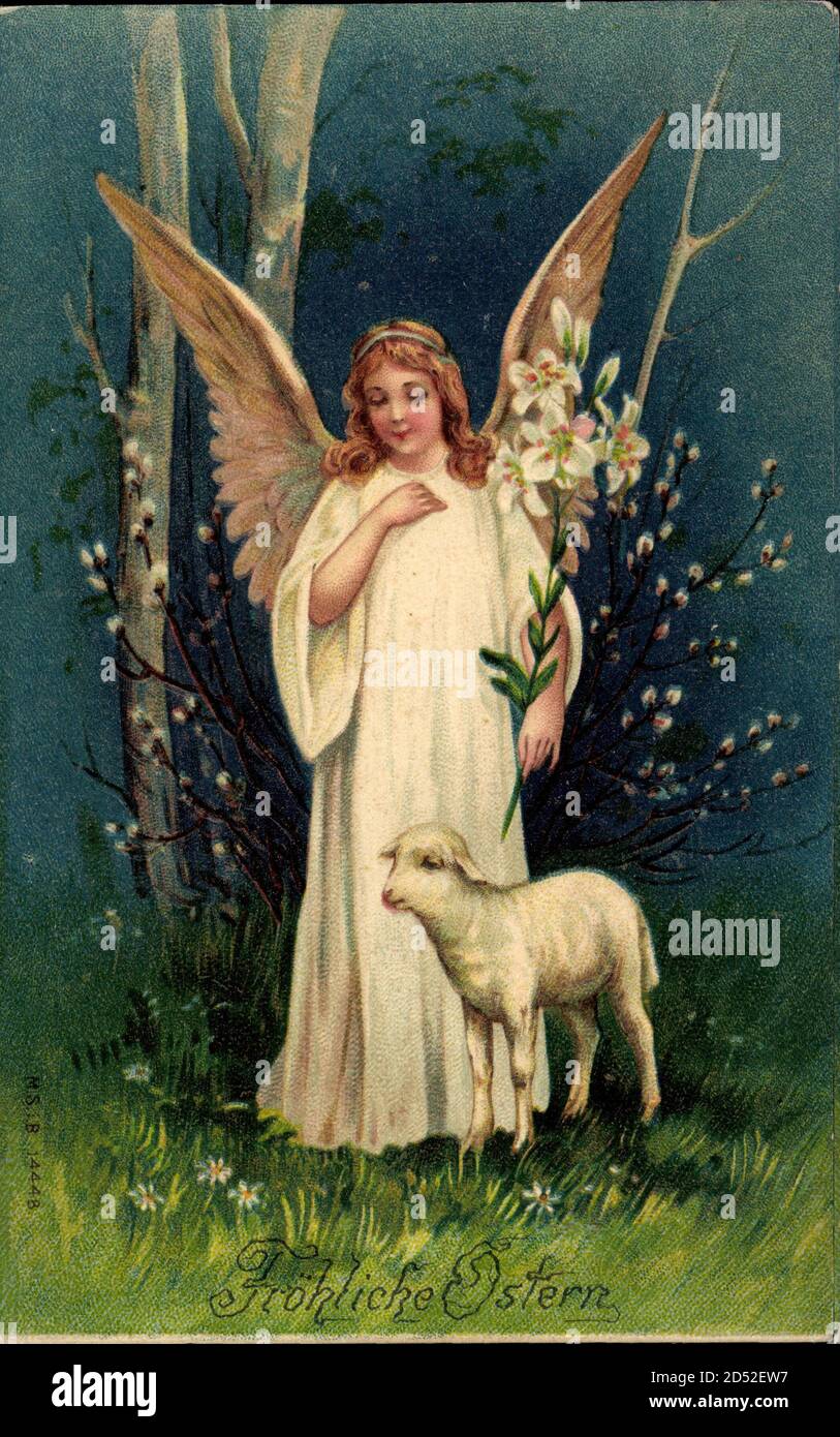 Glückwunsch Ostern, Engel mit einem Lamm, Weidenkätzchen | usage worldwide Stock Photo