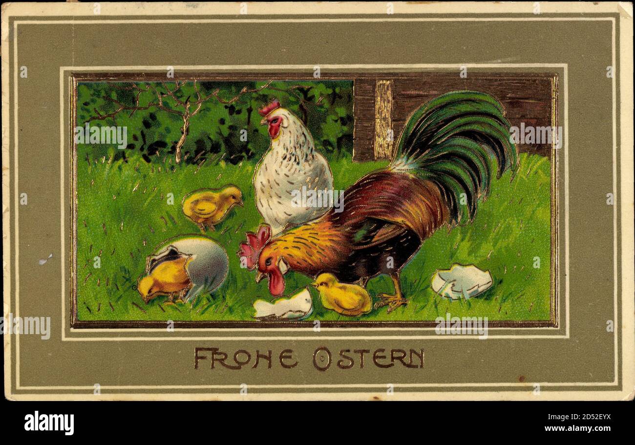 Glückwunsch Ostern, Hahn, Henne, Küken, Eierschalen | usage worldwide ...