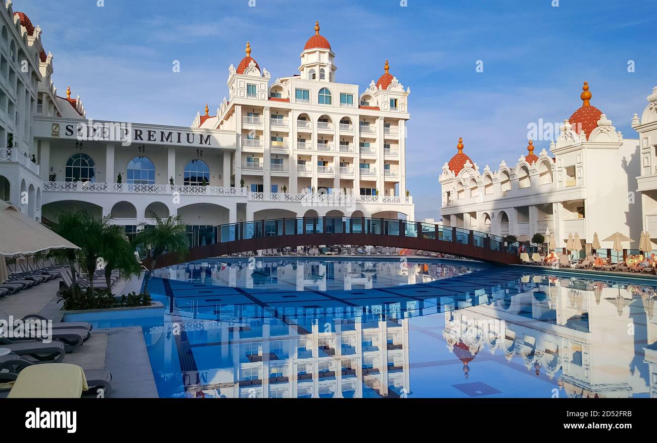 COLAKLI, TURKEY - NOVEMBER 10, 2019: Oz Hotels Side Premium Resort with aquapark and pool in Colakli town near Side, Antalya region on the Mediterrane Stock Photo