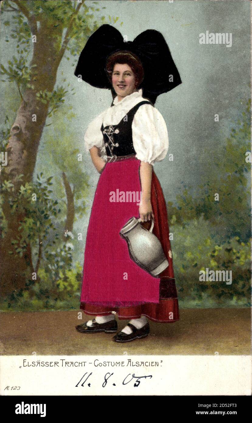 Frau in Elsässer Tracht, Costume Alsacien, Tonkrug | usage worldwide ...