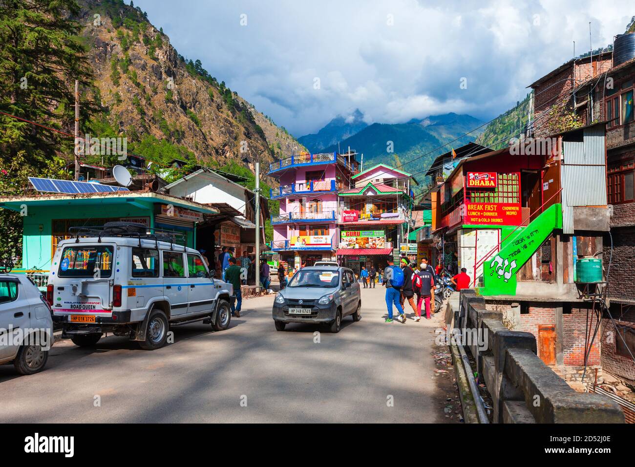 KASOL, INDIA - OCTOBER 02, 2019: Local houses at the main street in Kasol village in Himachal Pradesh state in India Stock Photo
