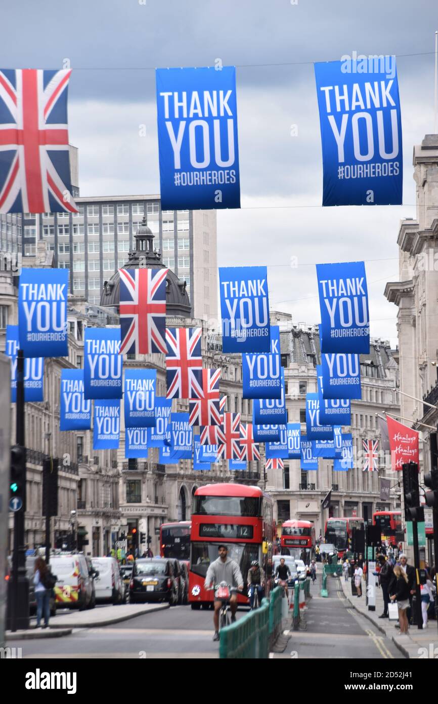 Regent Street with Thank You Our Heroes and Union Jack flags, London 2020. Stock Photo