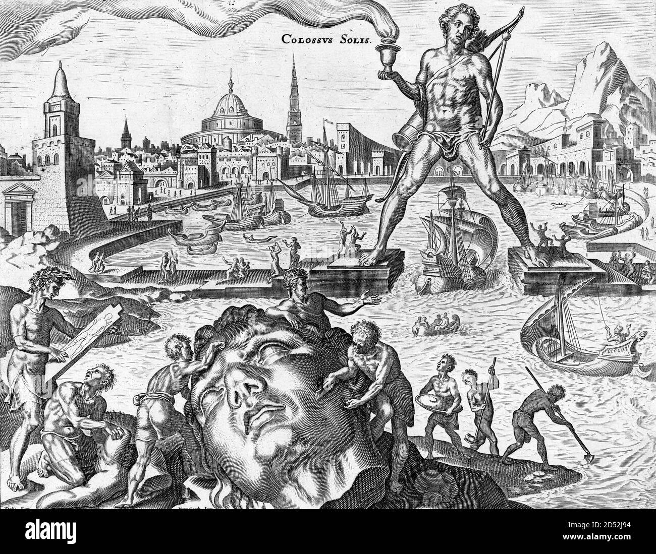 Colossus of Rhodes, engraving by Philips Galle from artwork by Maarten van Heemskerck, 16th century Stock Photo