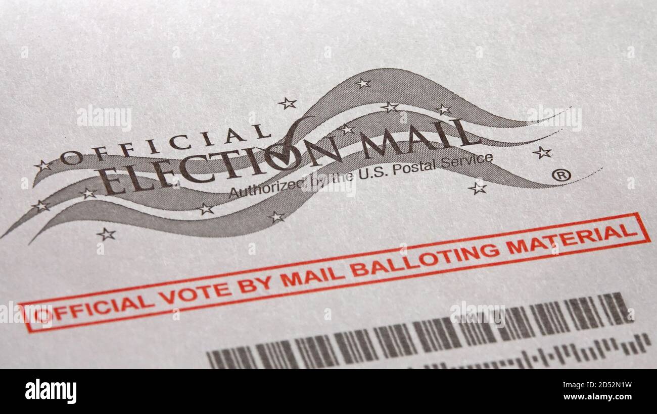 Los Angeles, CA / USA - Oct. 12, 2020: An envelope containing mail-in voting materials for the presidential election is shown up close. Stock Photo