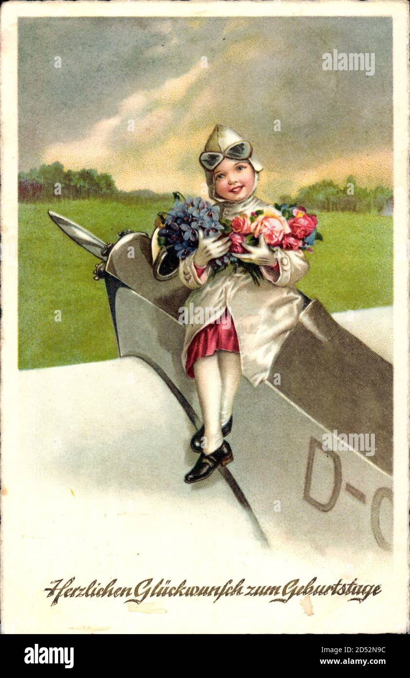 Glückwunsch Geburtstag, Pilotin mit Blumenstrauß, Flugzeug usage