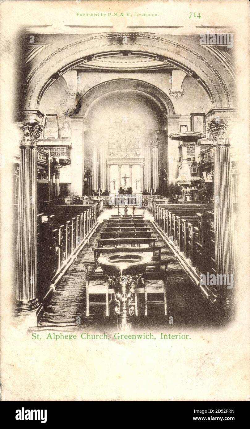 London Greenwich, St. Alphege Church, Interior, Altar, Weihwasserbecken | usage worldwide Stock Photo