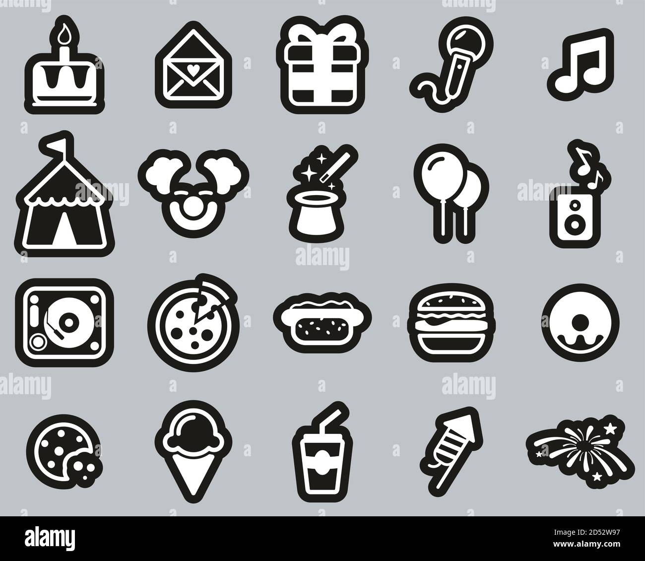 Birthday Party Icons White On Black Sticker Set Big Stock Vector Image ...