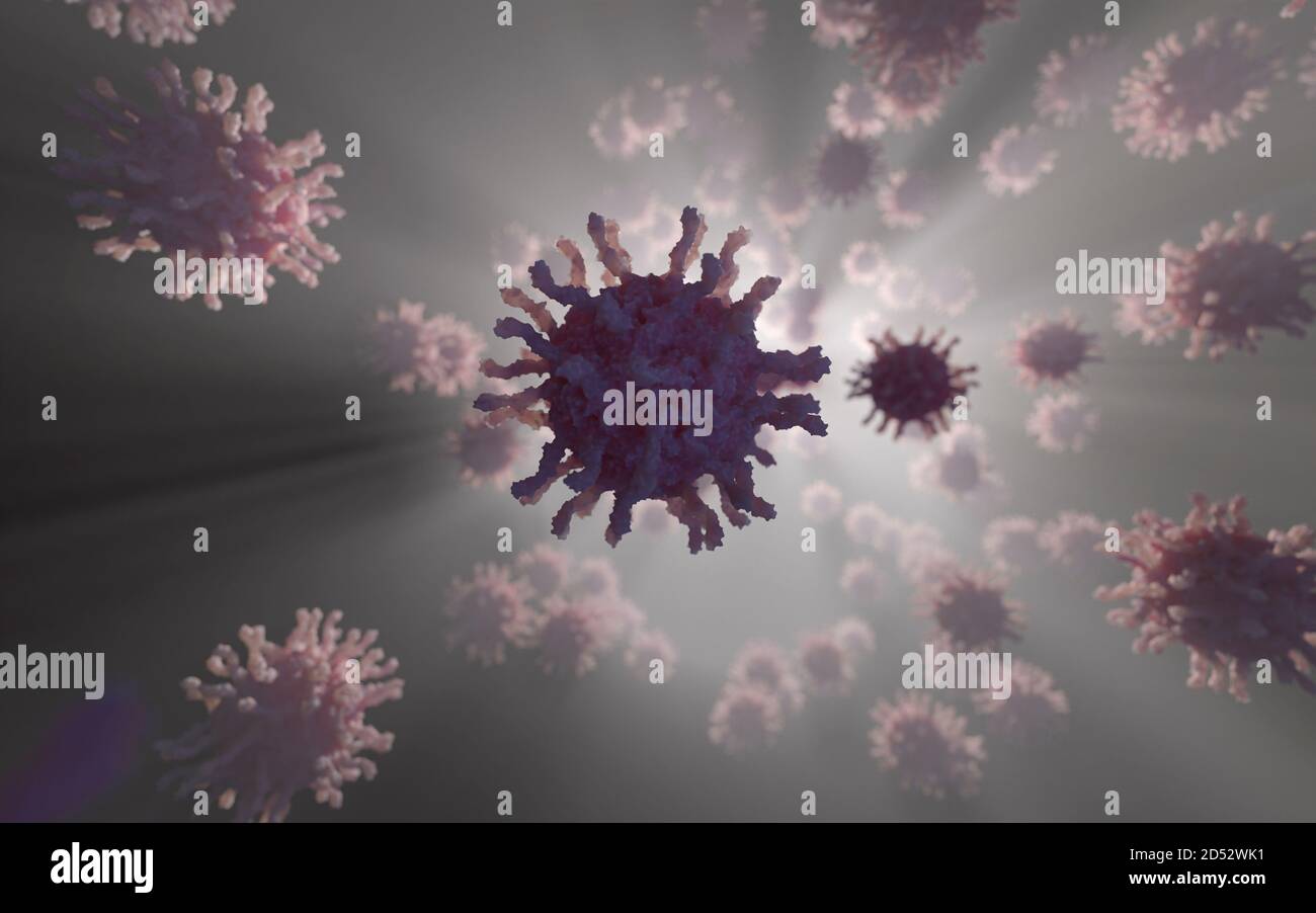 Poliovirus with receptors (spikes). It´s an infectious disease causing polio (or poliomyelitis) and is spread by contaminated food, water or saliva. Stock Photo