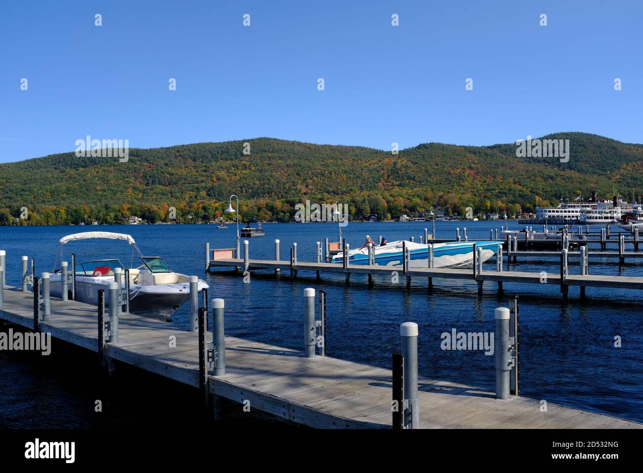 Boats at a dock on Lake George, New York Stock Photo