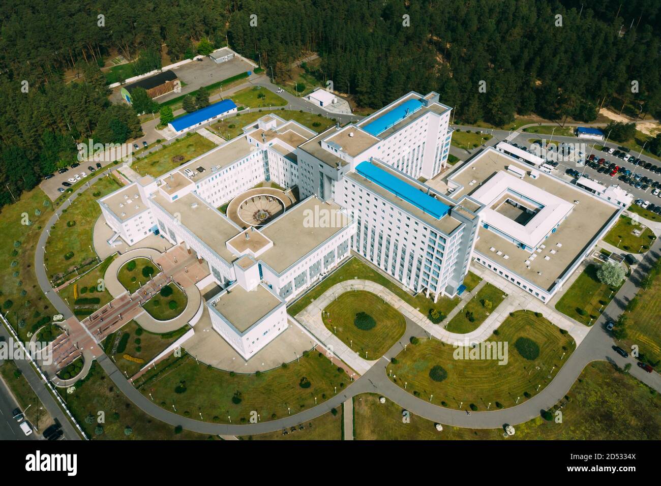 Gomel, Belarus. Aerial View OF Building Of Republican Scientific Center For Radiation Medicine And Human Ecology In Summer Sunny Day. Top View. Drone Stock Photo