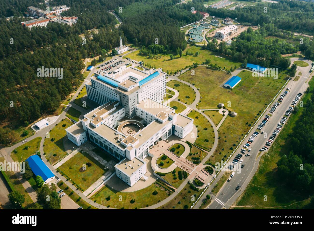 Gomel, Belarus. Aerial View OF Building Of Republican Scientific Center For Radiation Medicine And Human Ecology In Summer Sunny Day. Top View. Drone Stock Photo