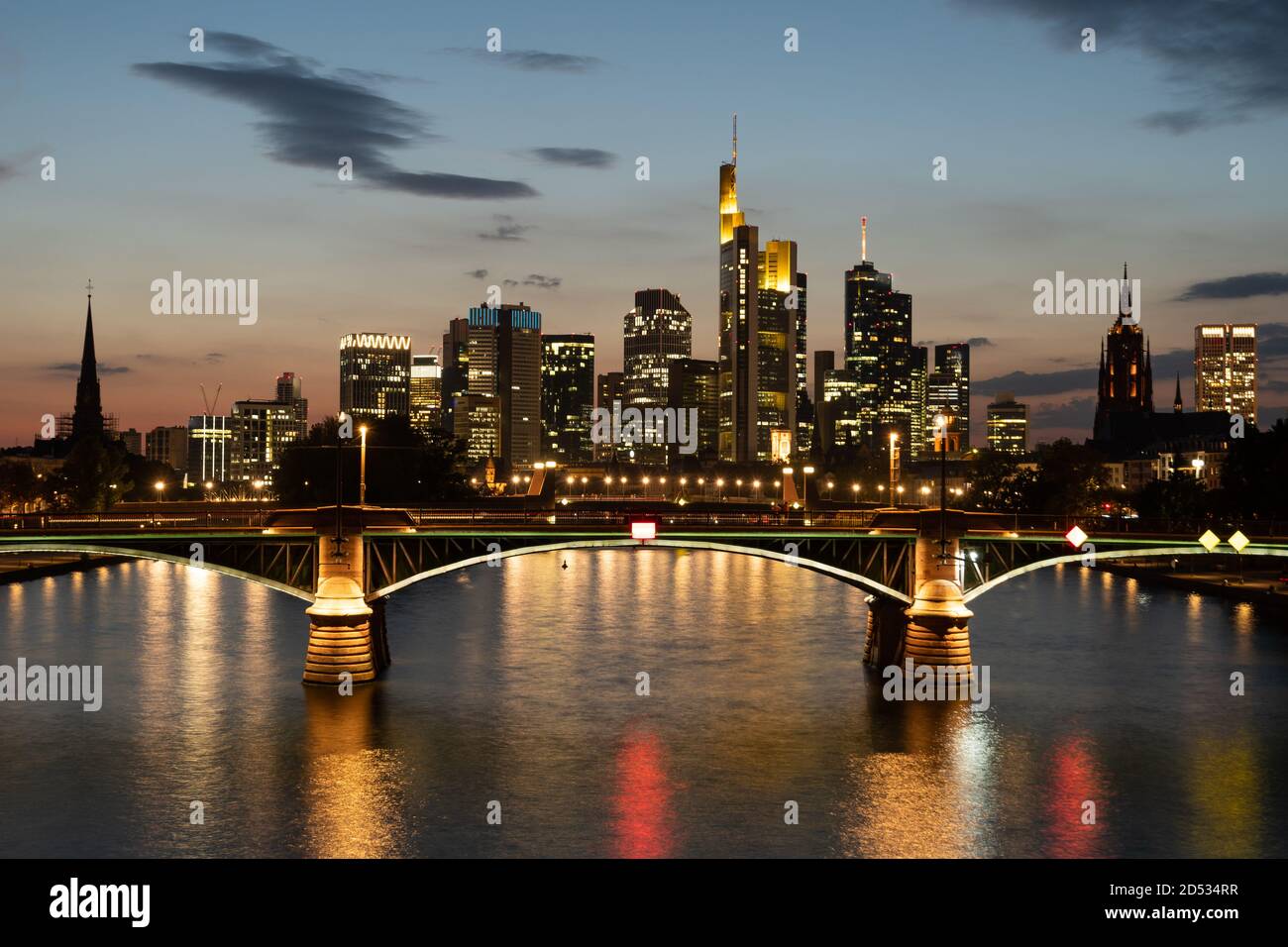 The Ignatz-Bubis bridge in Frankfurt am Main at night Stock Photo