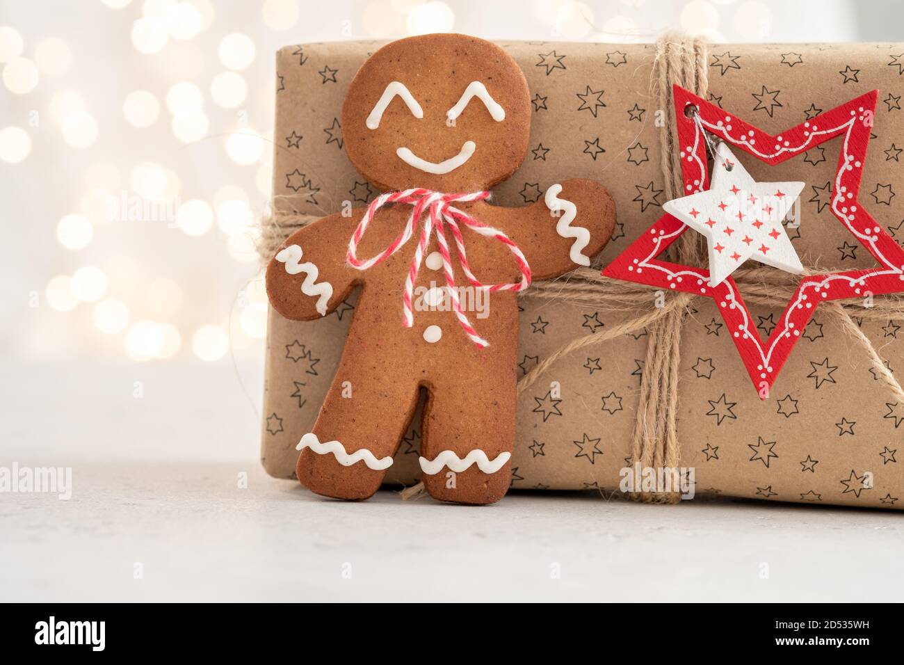 Gingerbread Man and Gift Box Stock Photo