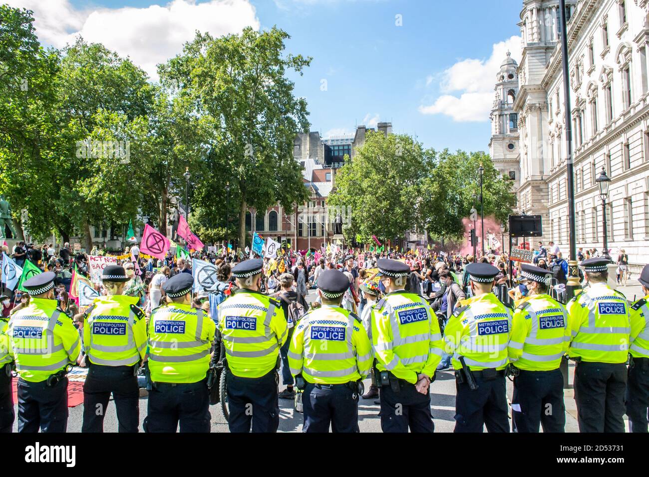 PARLIAMENT SQUARE, LONDON/ENGLAND- 1 September 2020: Extinction Rebellion in London protesting for approval of the Climate & Ecological Emergency bill Stock Photo