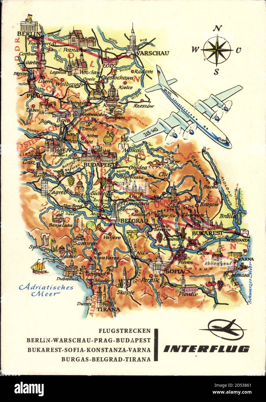 Flugstrecken Interflug, Berlin, Warschau, Budapest, Belgrad, Bukarest | usage worldwide Stock Photo