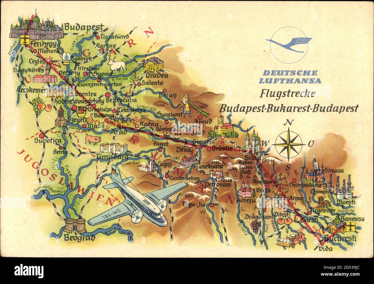 Luftstrecken Lufthansa, Flugstrecke Budapest Bukarest, Jugoslawien | usage worldwide Stock Photo