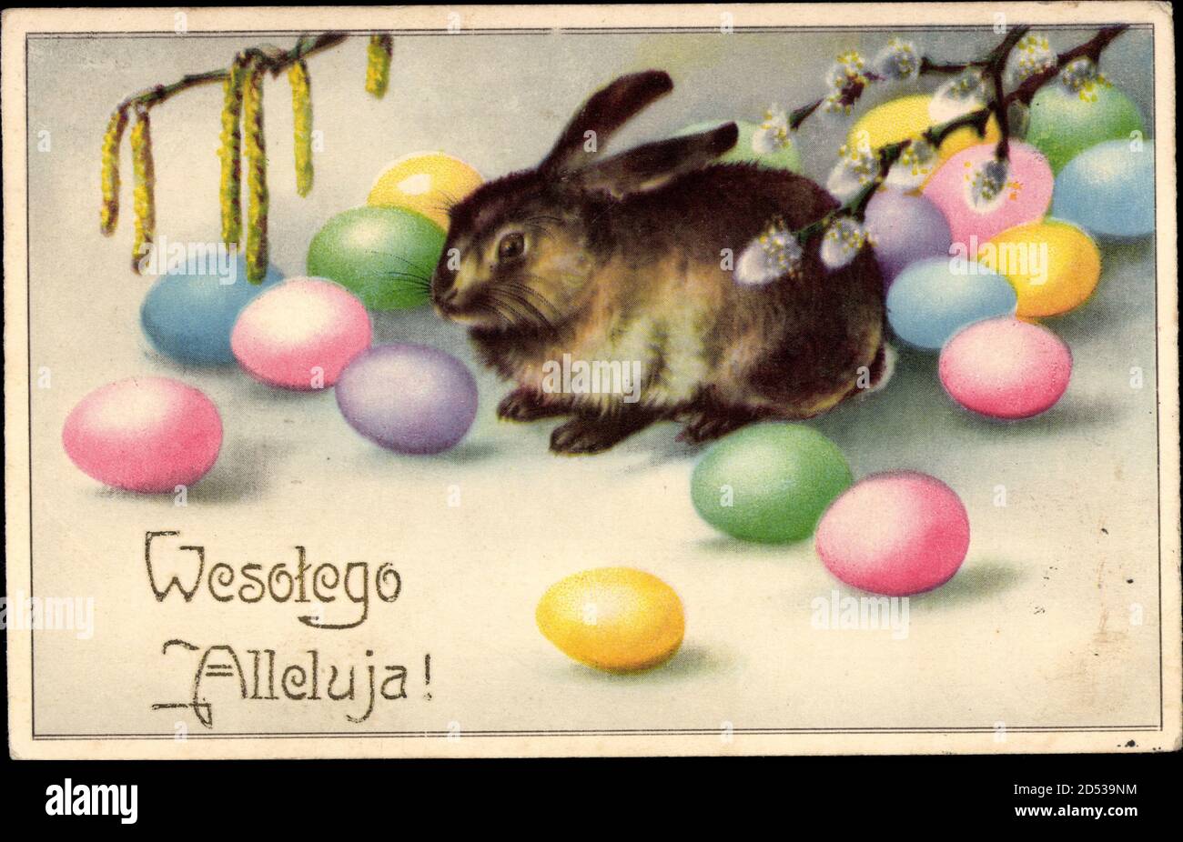 Glückwunsch Ostern, Osterhase, Ostereier, Weidenkätzchen, Wesolego Alleluja  | usage worldwide Stock Photo - Alamy