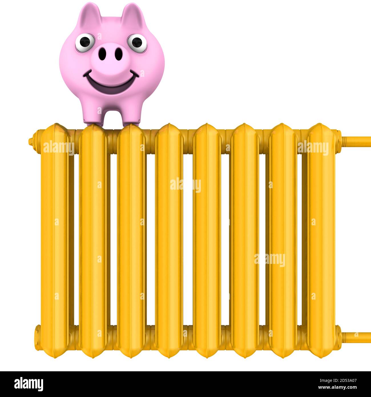 Savings on heating the living space. Energy saving concept. Piggy bank on a gold heating radiator. Isolated.  3D illustration Stock Photo