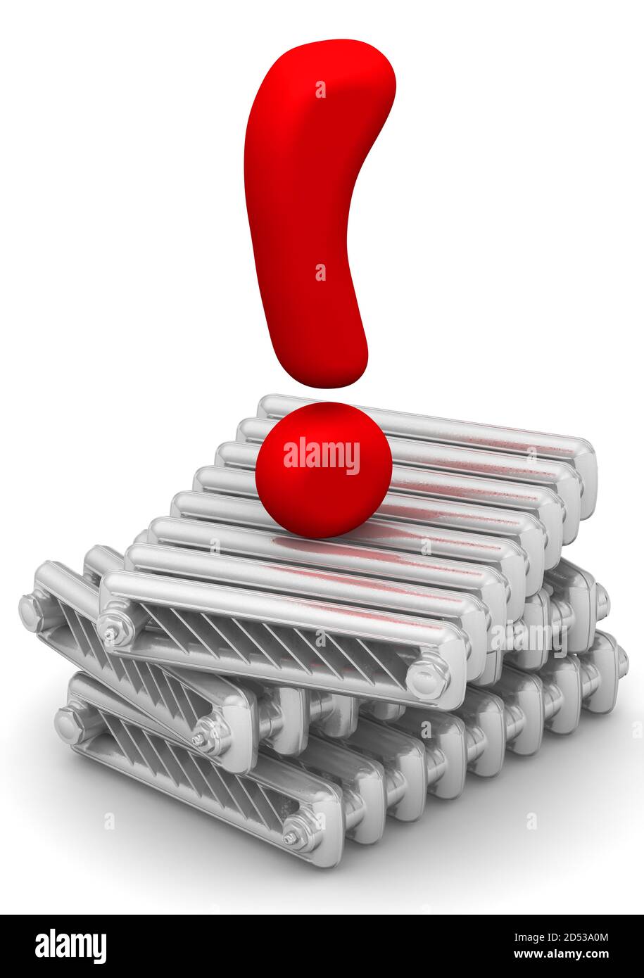 Important information on radiators. Stacked sections of cast iron heating radiators and one red exclamation mark on a white surface. 3D illustration Stock Photo