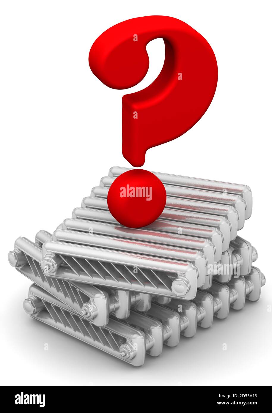 The problem of choosing heating radiators.Stacked sections of cast iron heating radiators and one red question mark on a white surface. 3D illustration Stock Photo